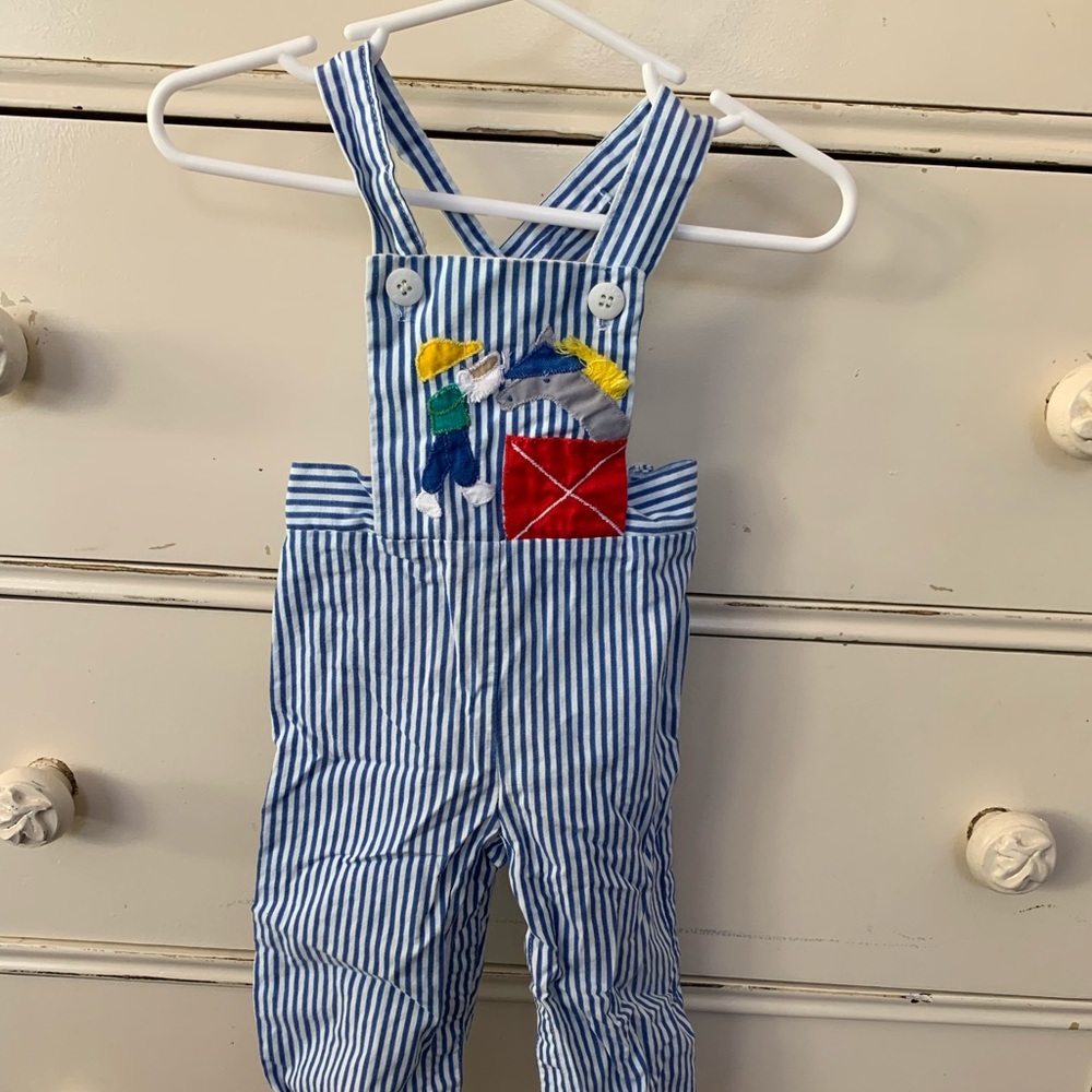 Vintage Blue & White striped Boys Embroidered Horse/ Farm Overalls 0-6 Months